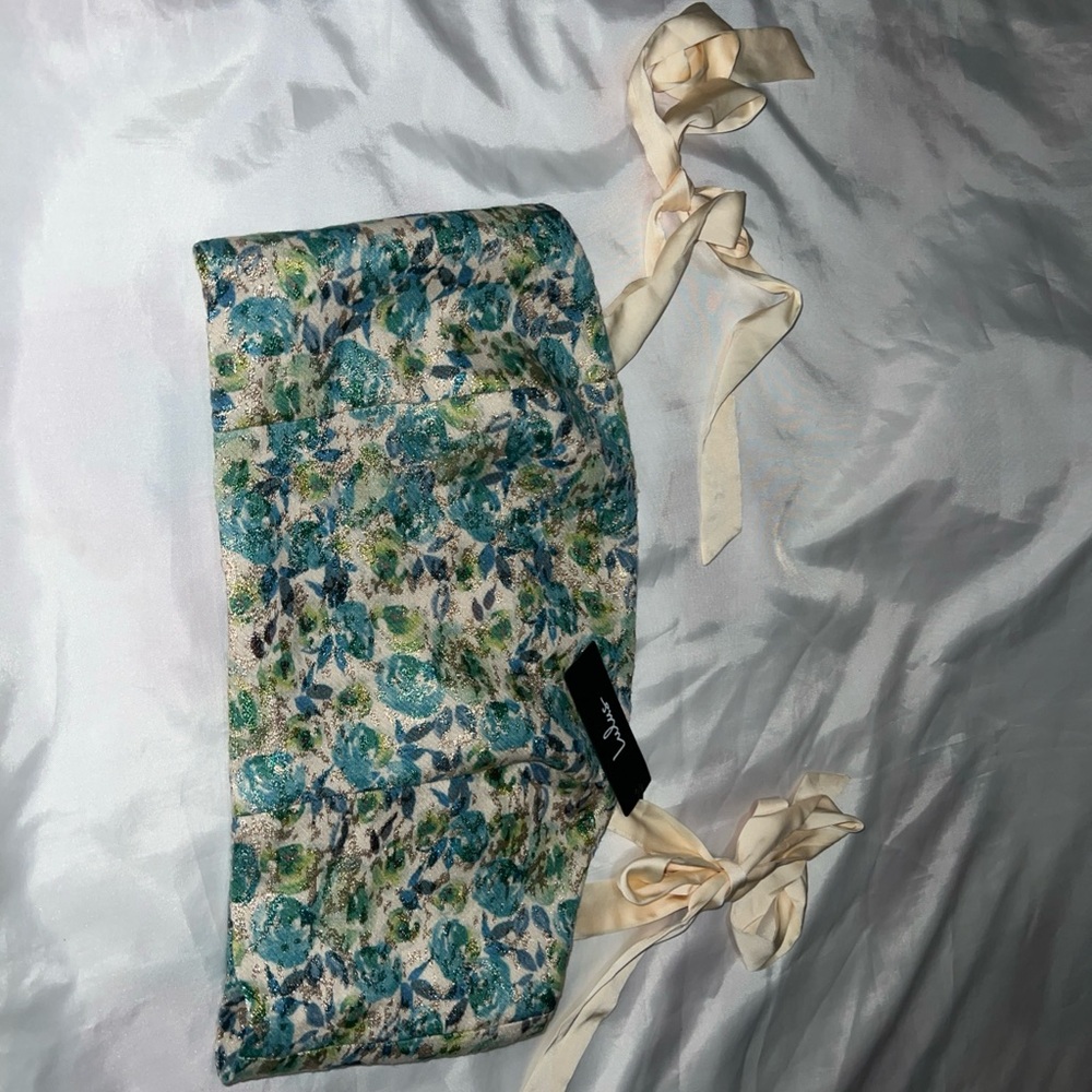 Lulu's Teal and Cream Floral crop Top with ribbon ties size medium nwt